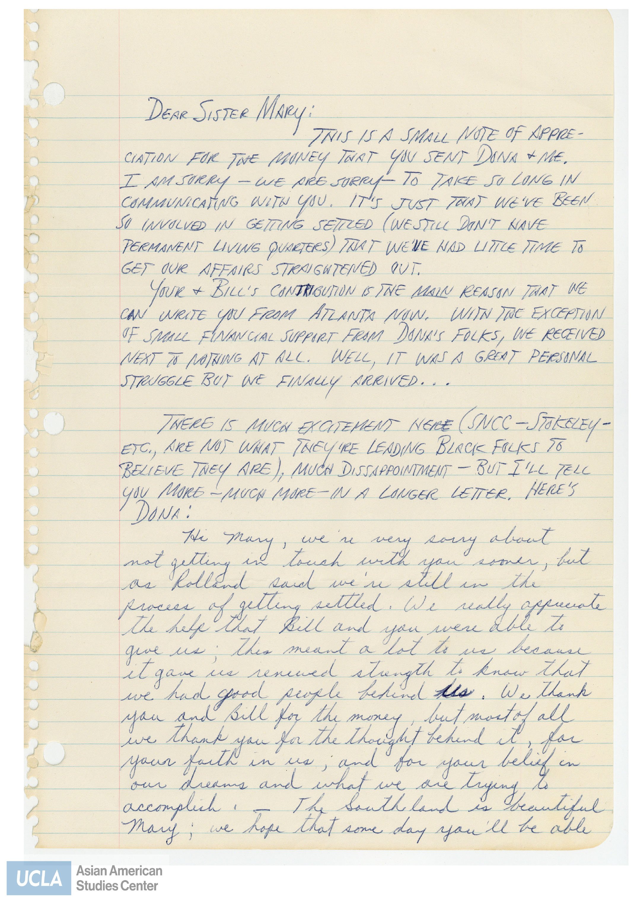 Rolland writes a letter of thanks for the money sent and the lack of letters was due to moving. The letter is then turned over to Dona.