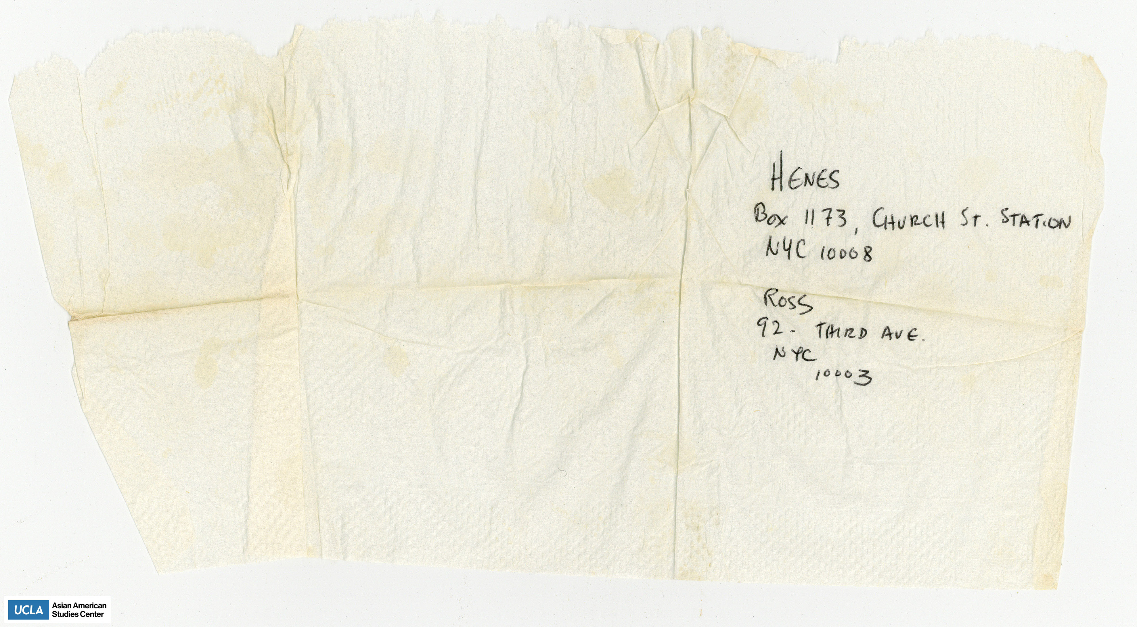 Written on a napkin of Henes' and Ross' address.