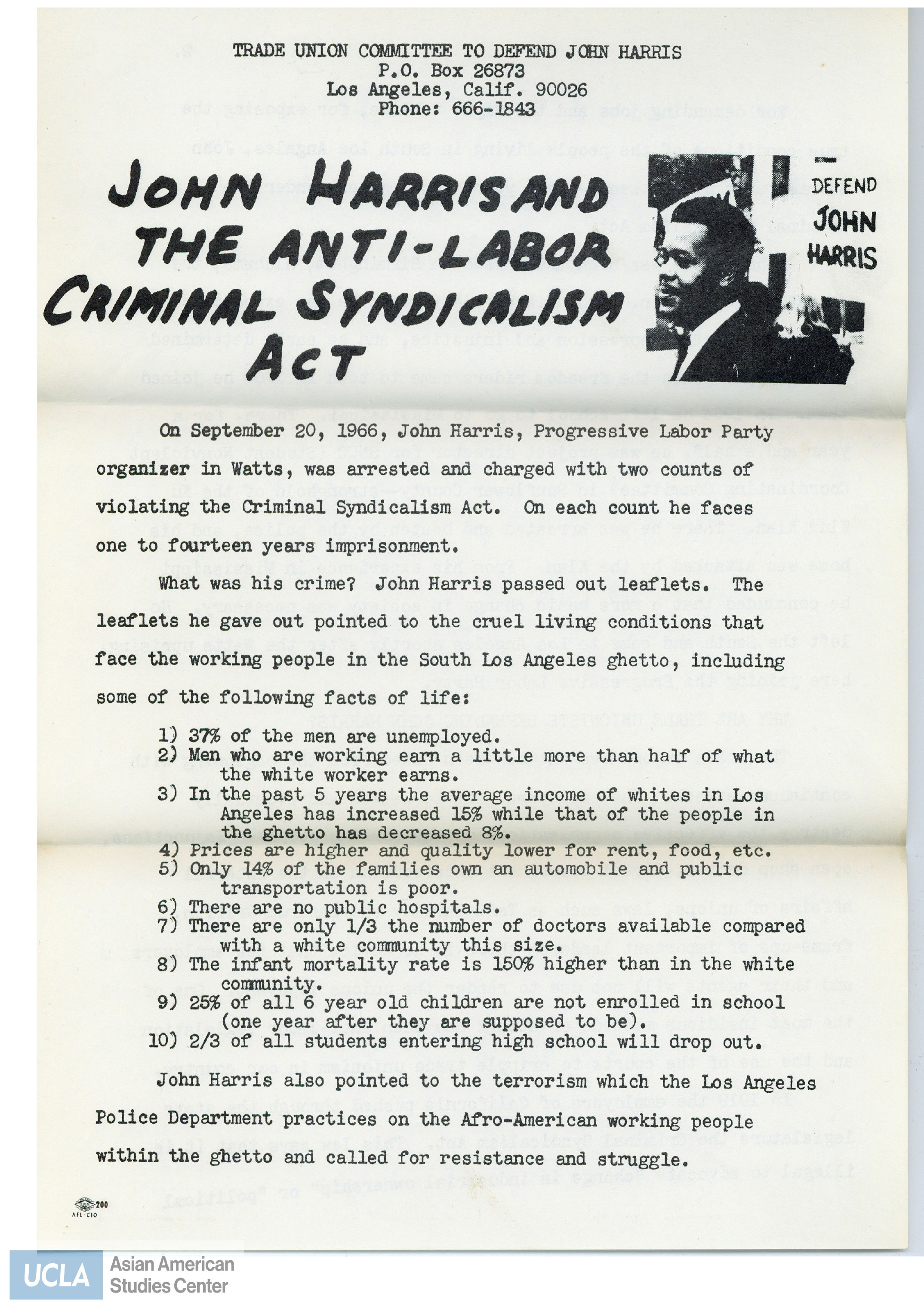 Flyer Regarding Justice for John Harris, a Progressive Labor Party organizer and activist.