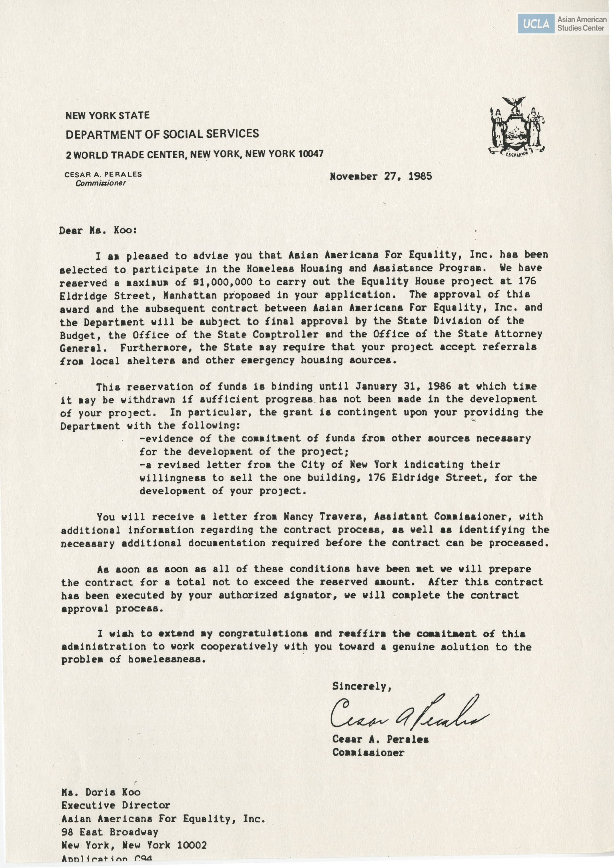 New York State Department of Social Services communicates that Asian Americans for Equality was selected for the Homeless Housing and Assistance Program.