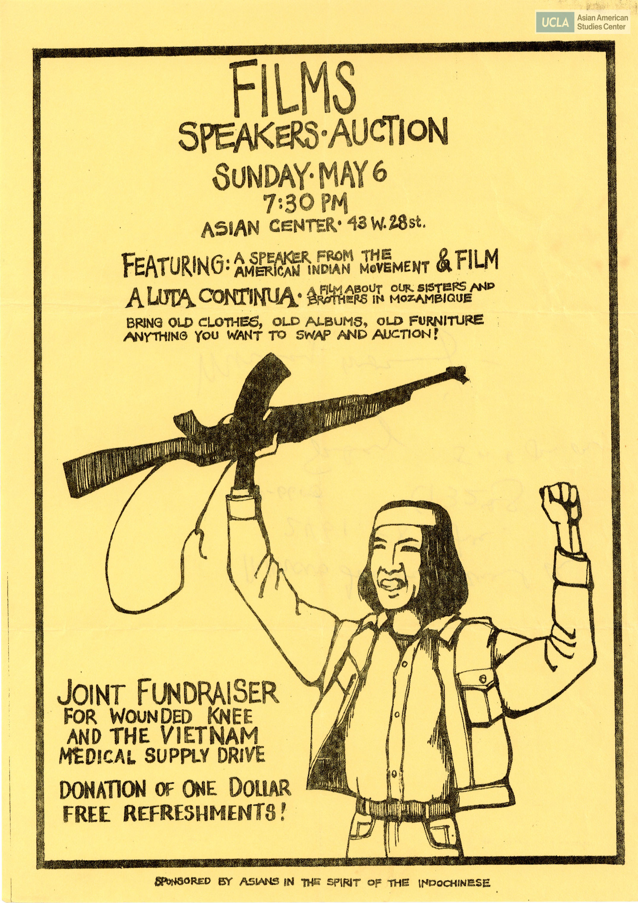 Flyer on joint fundraiser for Wounded Knee and the Vietnam Medical Supply Drive flyer.