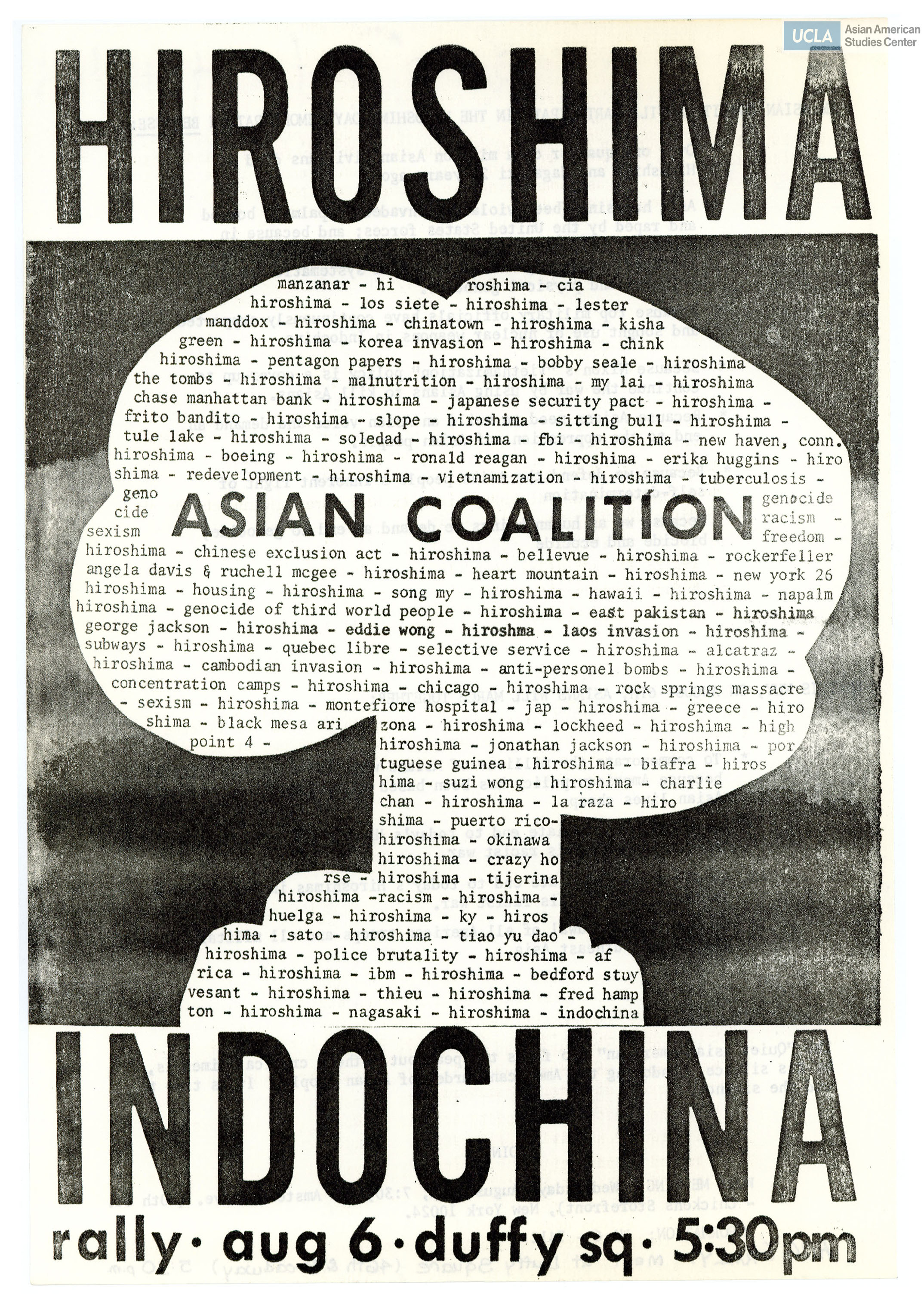 Asian Coalition flyer for a rally on Hiroshima-Nagasaiki atom bombs and war in Indochina.