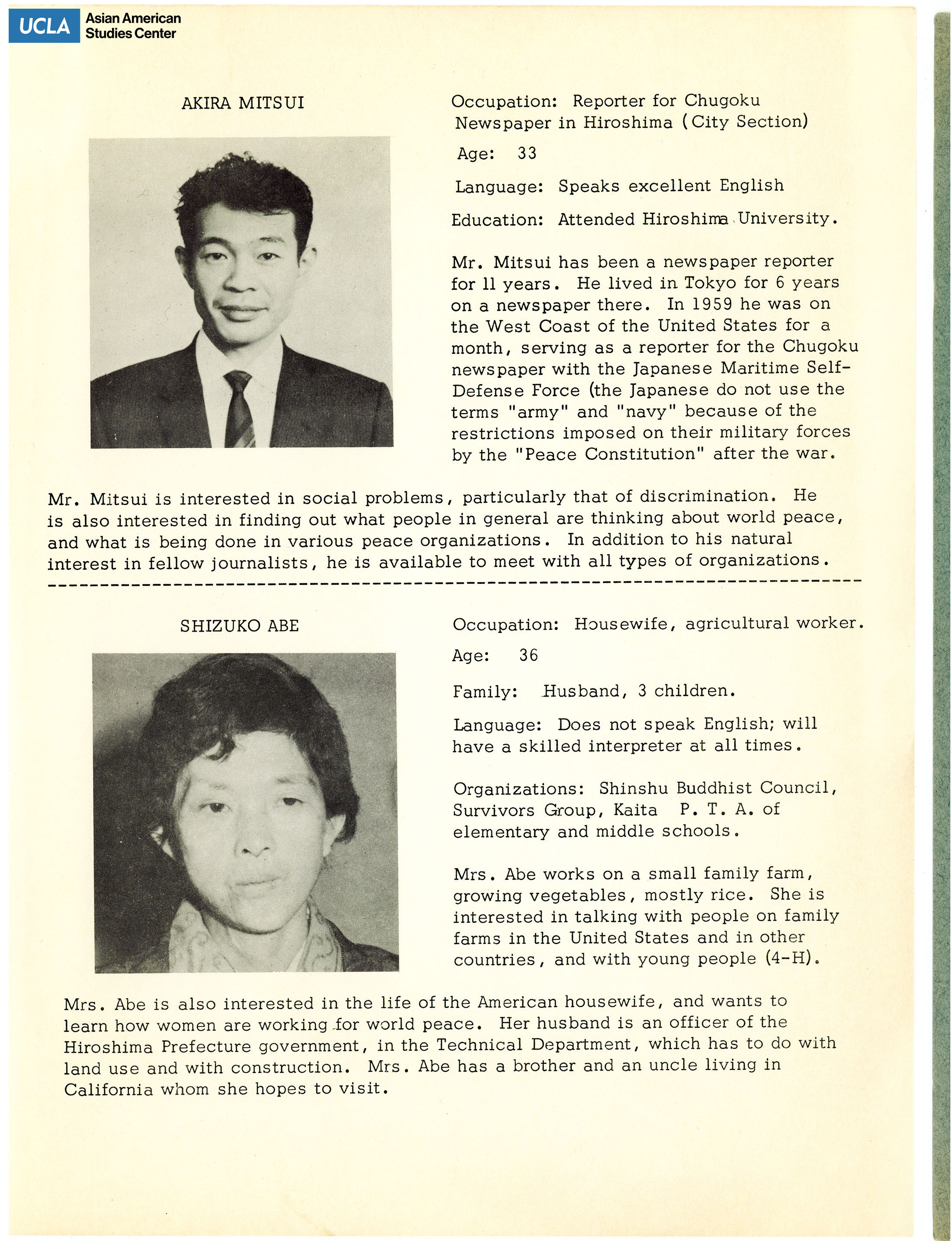 The hibakusha delegates' biopgrahies of Hiroko Takahara. Includes picture of delegates and short biography.