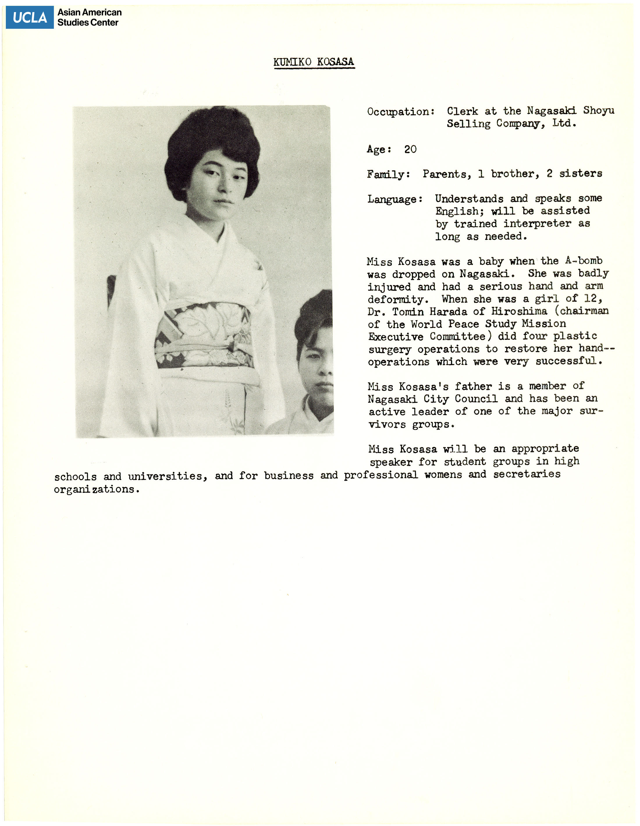 The hibakusha delegates' biopgrahies of Hiroko Takahara. Includes picture of delegates and short biography.