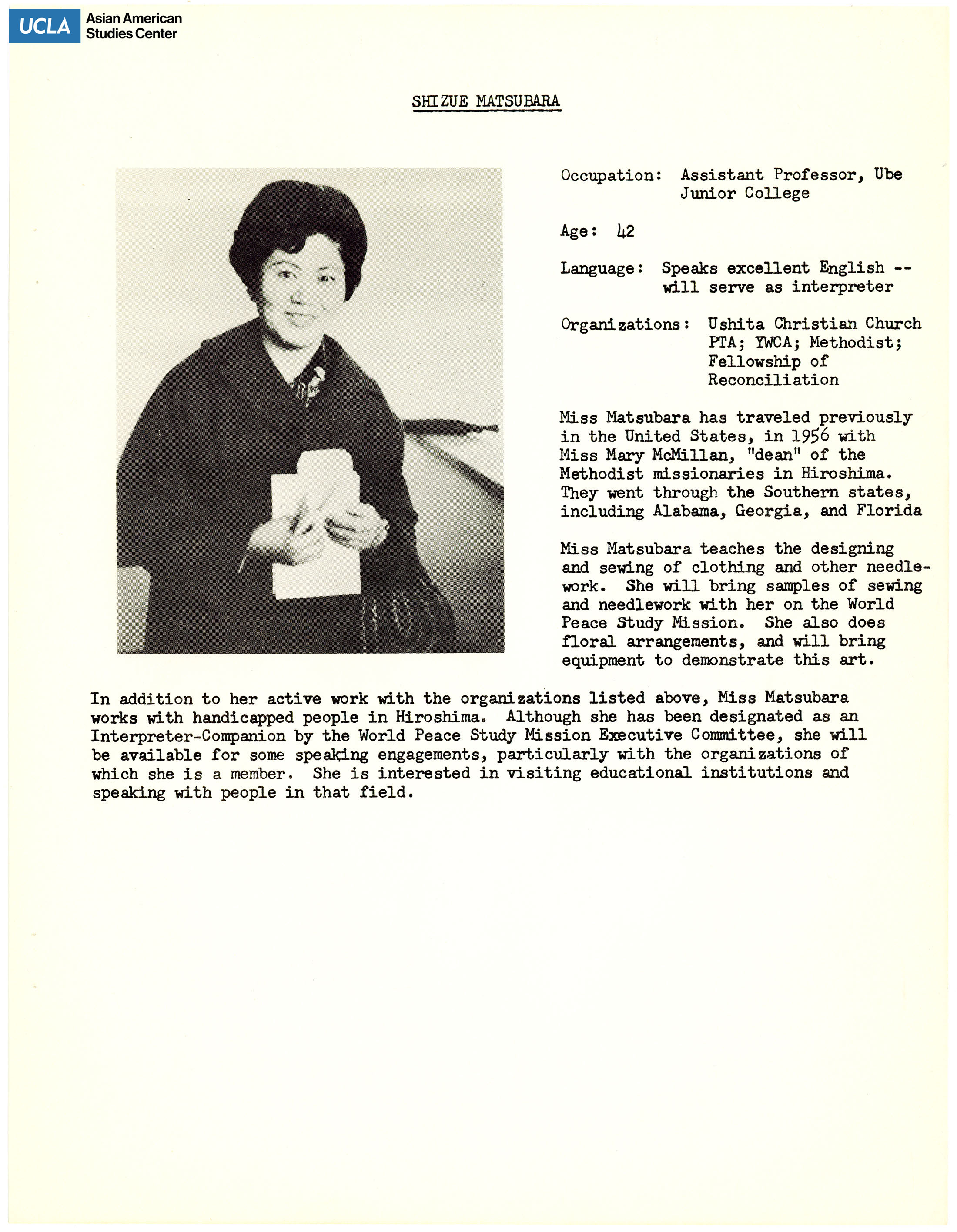 The hibakusha delegates' biopgrahies of Hiroko Takahara. Includes picture of delegates and short biography.