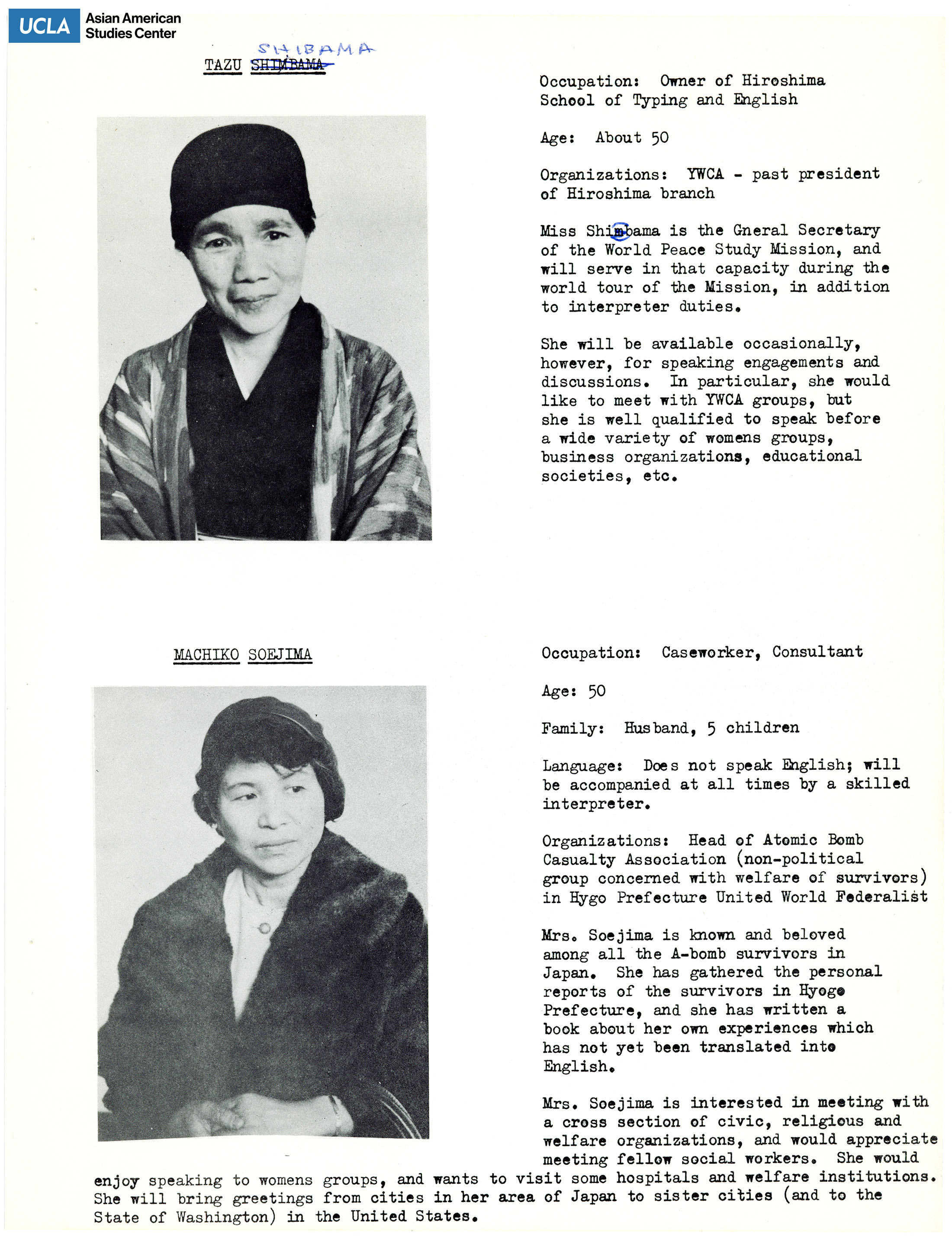 The hibakusha delegates' biopgrahies of Hiroko Takahara. Includes picture of delegates and short biography.