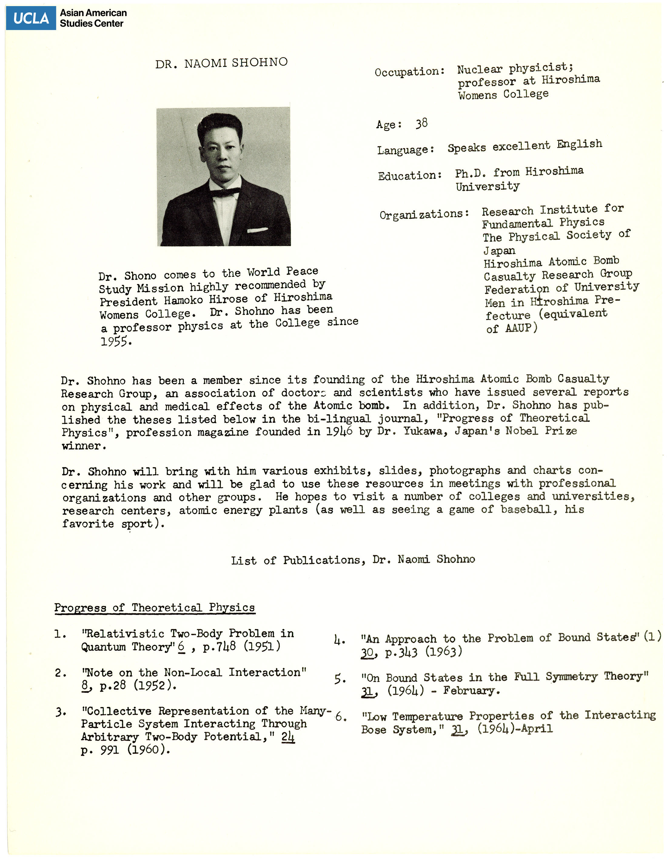 The hibakusha delegates' biopgrahies of Hiroko Takahara. Includes picture of delegates and short biography.