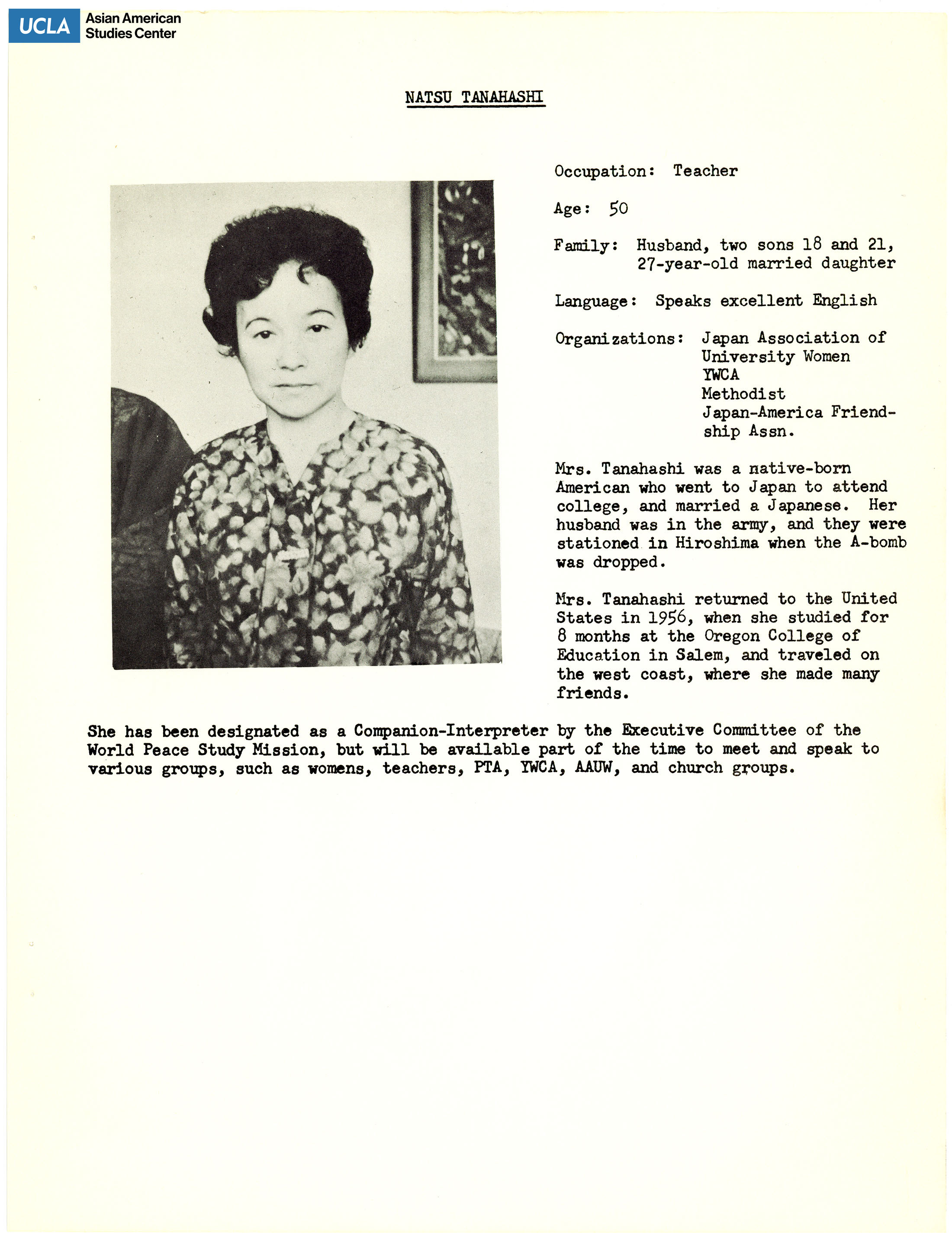 The hibakusha delegates' biopgrahies of Hiroko Takahara. Includes picture of delegates and short biography.