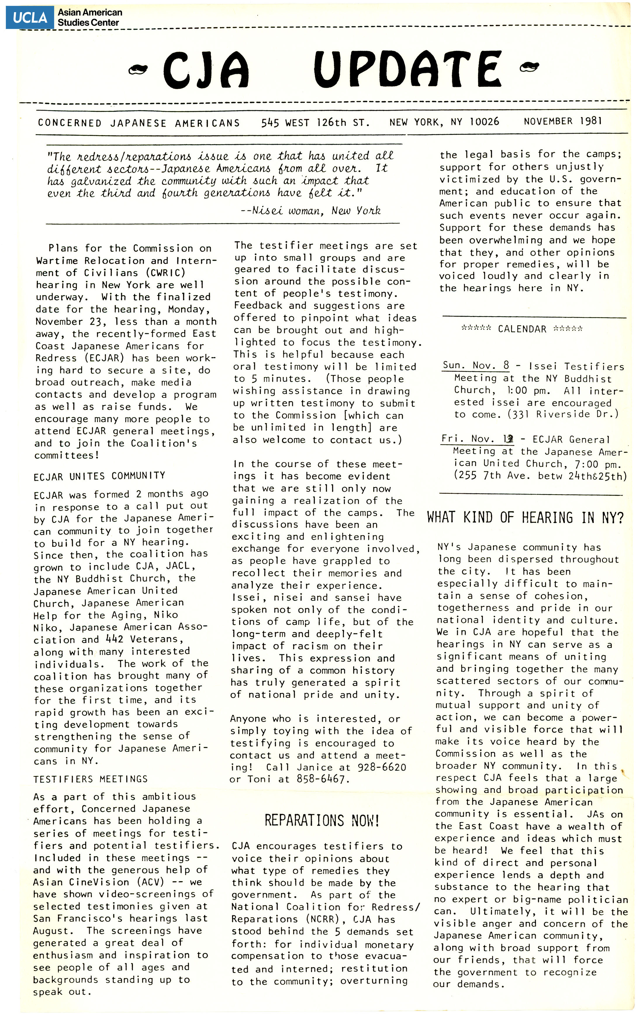 Concerned Japanese Americans Update Newsletter, Vol. 2, No. 1, Janurary ...