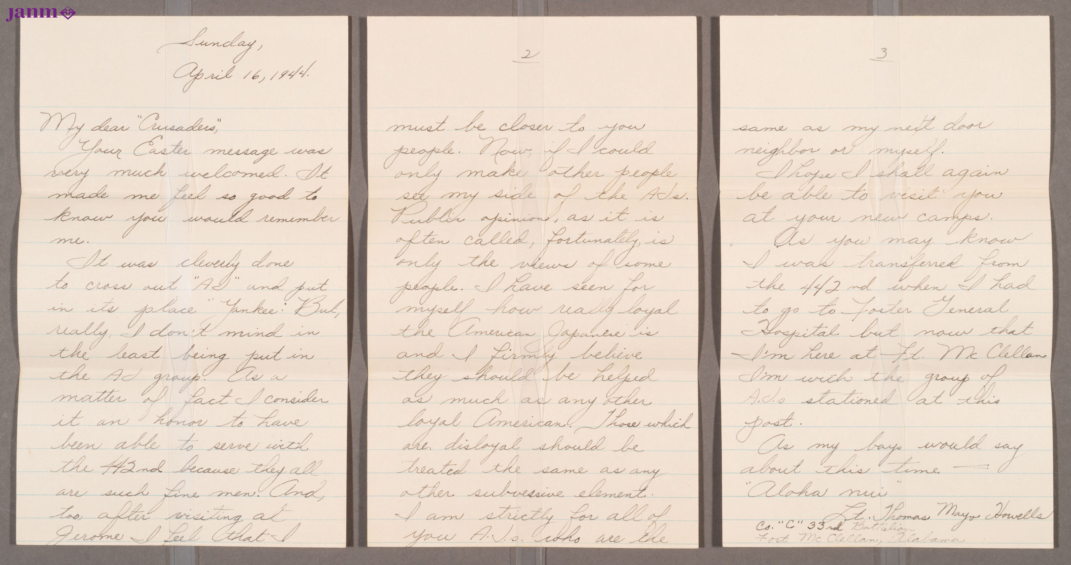 3-page letter addressed to the Crusaders from Lt. Thomas Howell.