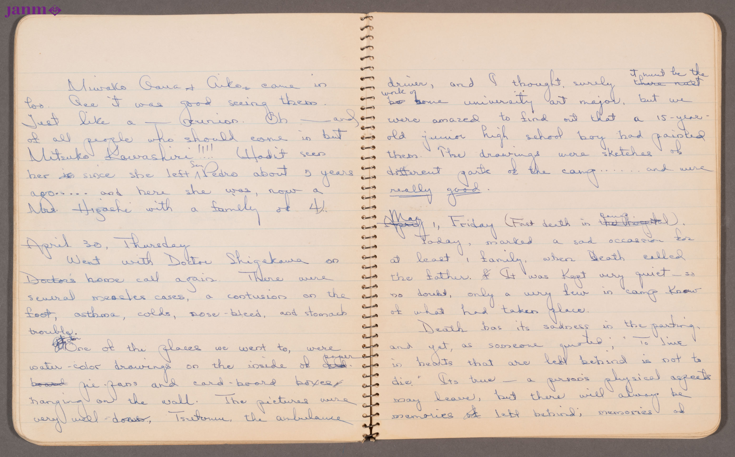 Diary entry on April 5, 1942. Yuri writes of her new job working as a nurses' aide at the Santa Anita Assembly Center. Also, she writes of her longing for her home in San Pedro.