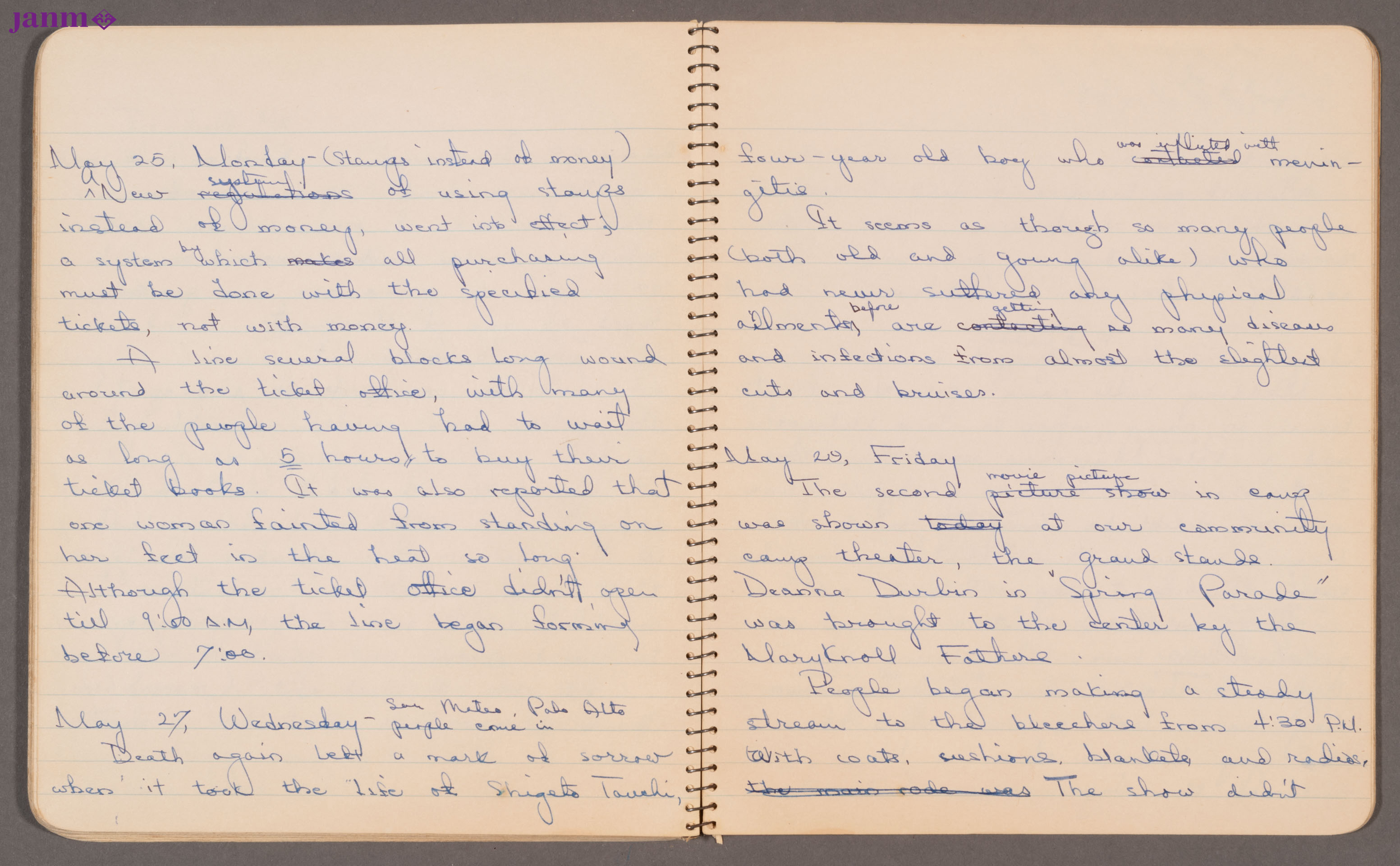 Diary entries regarding the experiences and day-to-day life of Yuri at the Santa Anita Assembly Center (detention facility).