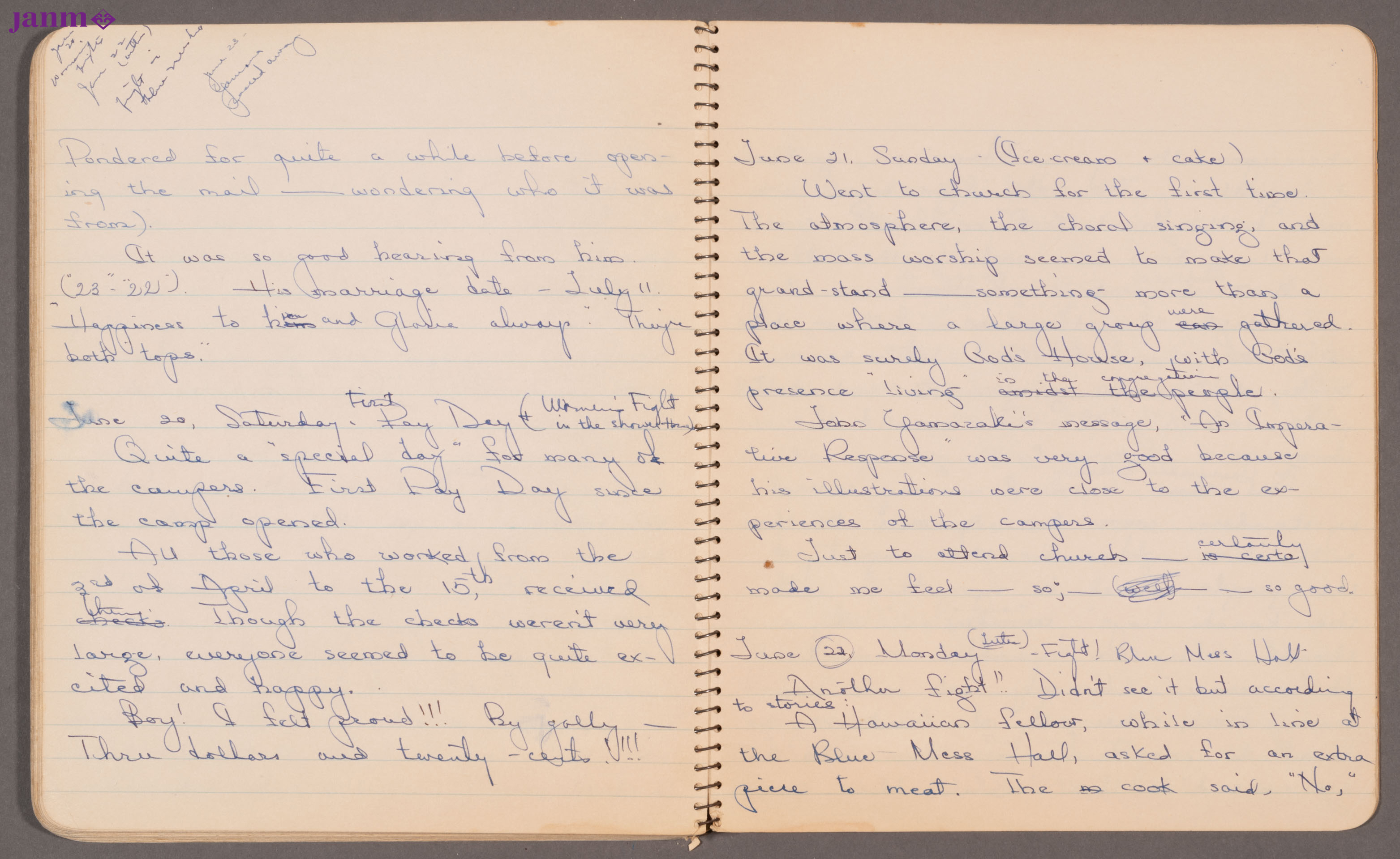 Diary entry on April 5, 1942. Yuri writes of her new job working as a nurses' aide at the Santa Anita Assembly Center. Also, she writes of her longing for her home in San Pedro.