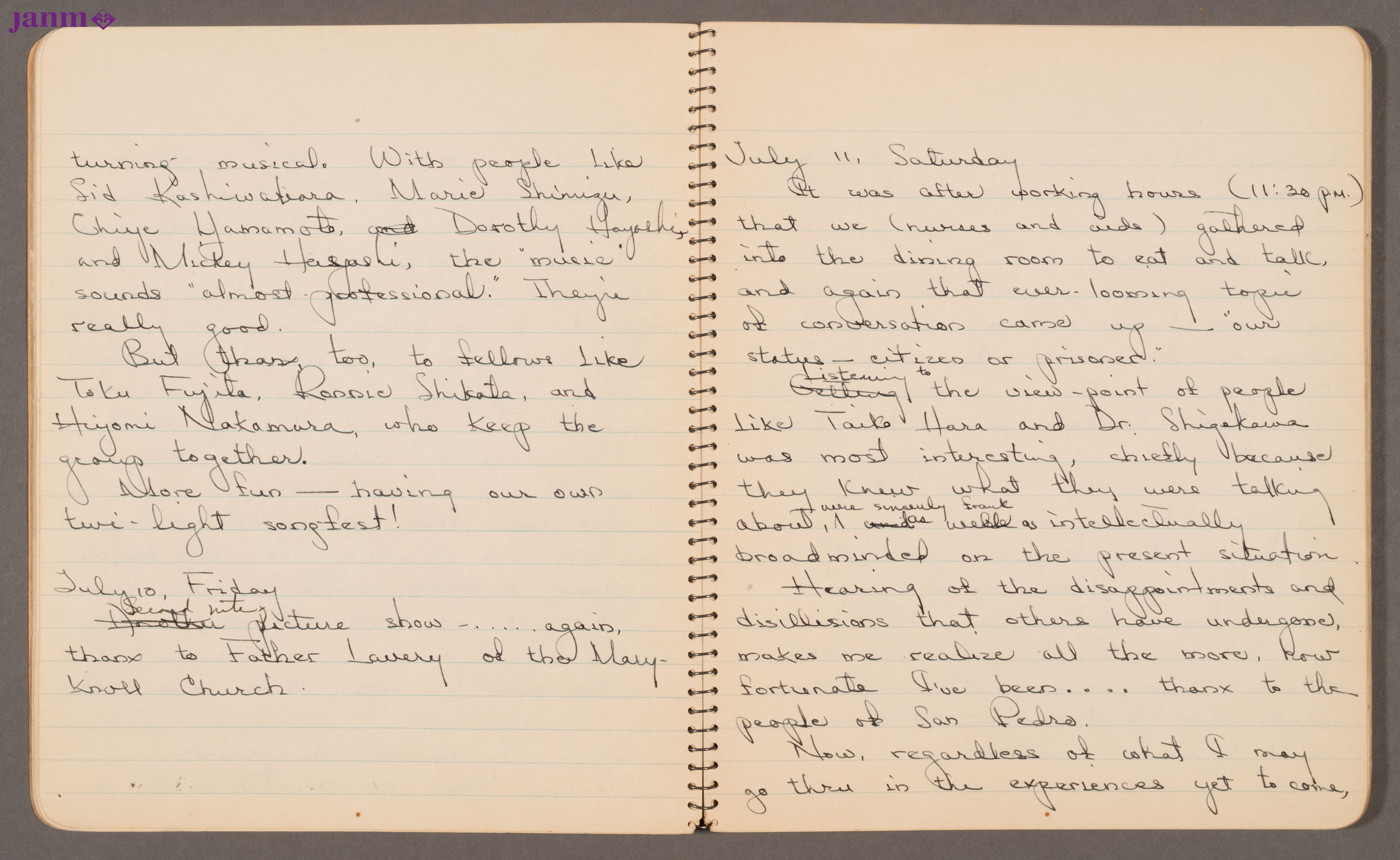 Diary entries on September 8-9, 1942. Diary entries regarding the continuation of detainees being moved to other detention facilities and realization of discrimination against Japanese Americans in employment. Yuri writes of a anonymous Japanese girl trying to go into nursing and receiving letters from hospitals across the United States for employment. She is subject to racial discrimination because of her Japanese descent.