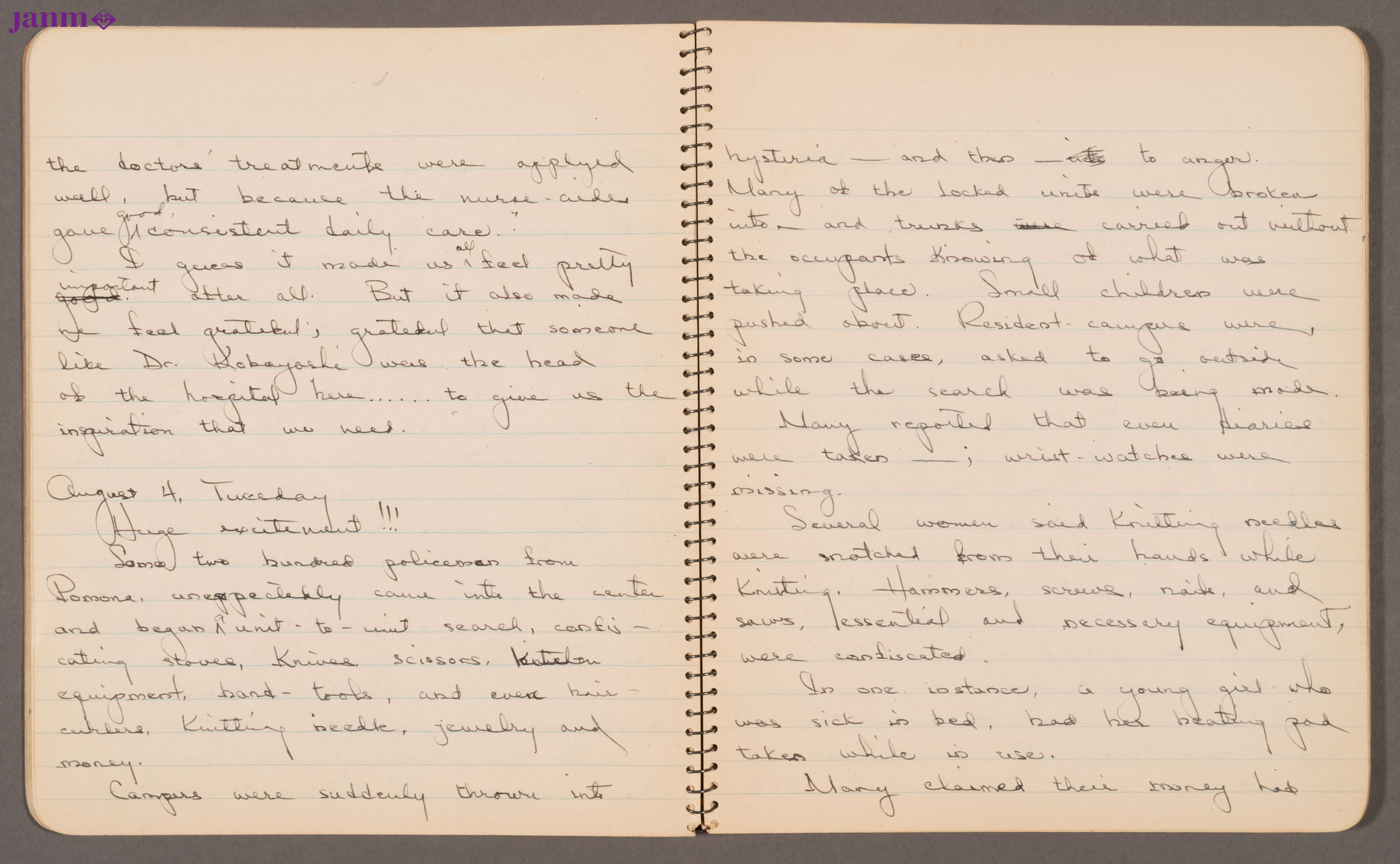 Diary entries on September 8-9, 1942. Diary entries regarding the continuation of detainees being moved to other detention facilities and realization of discrimination against Japanese Americans in employment. Yuri writes of a anonymous Japanese girl trying to go into nursing and receiving letters from hospitals across the United States for employment. She is subject to racial discrimination because of her Japanese descent.