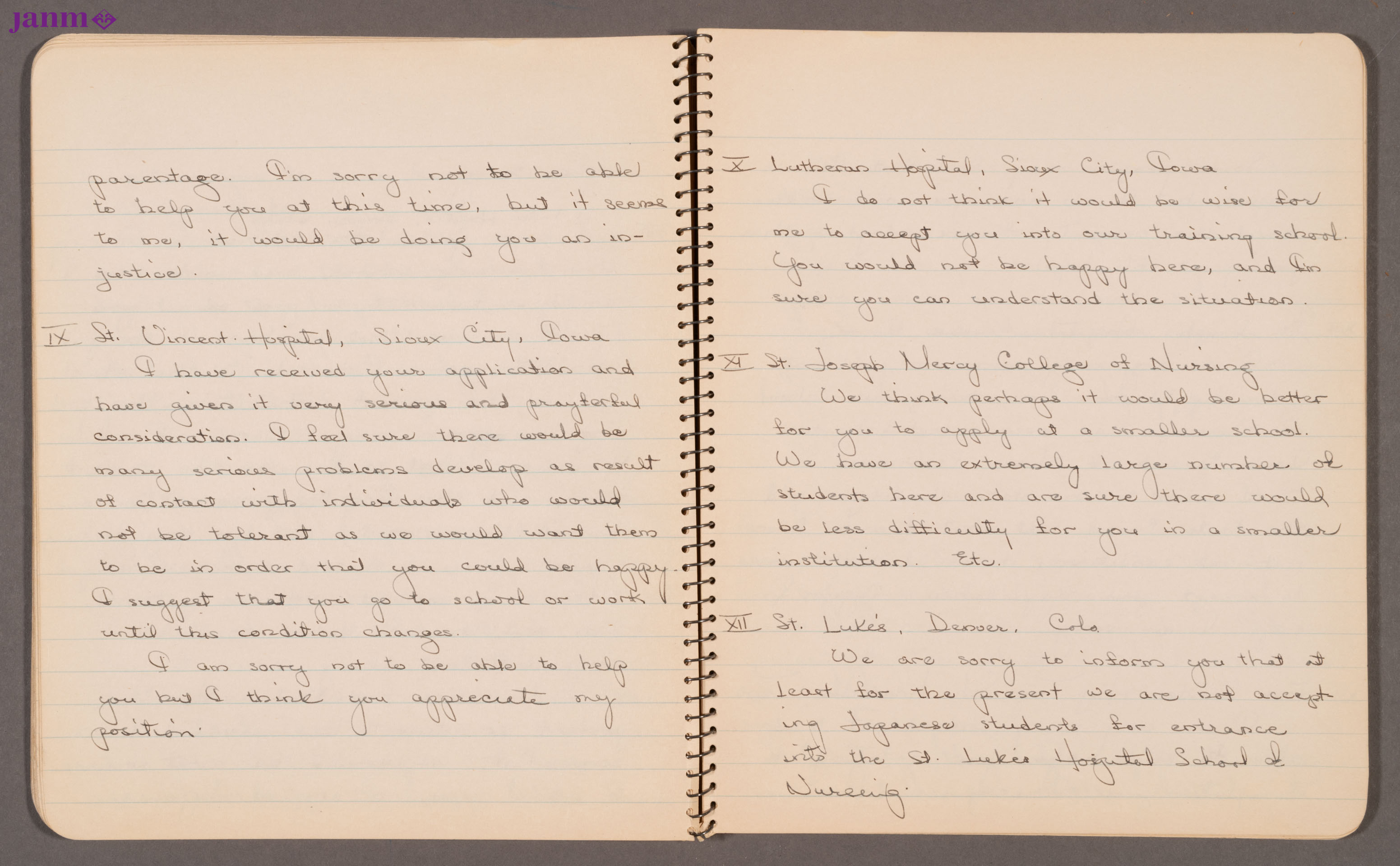 Diary entries on September 8-9, 1942. Diary entries regarding the continuation of detainees being moved to other detention facilities and realization of discrimination against Japanese Americans in employment. Yuri writes of a anonymous Japanese girl trying to go into nursing and receiving letters from hospitals across the United States for employment. She is subject to racial discrimination because of her Japanese descent.