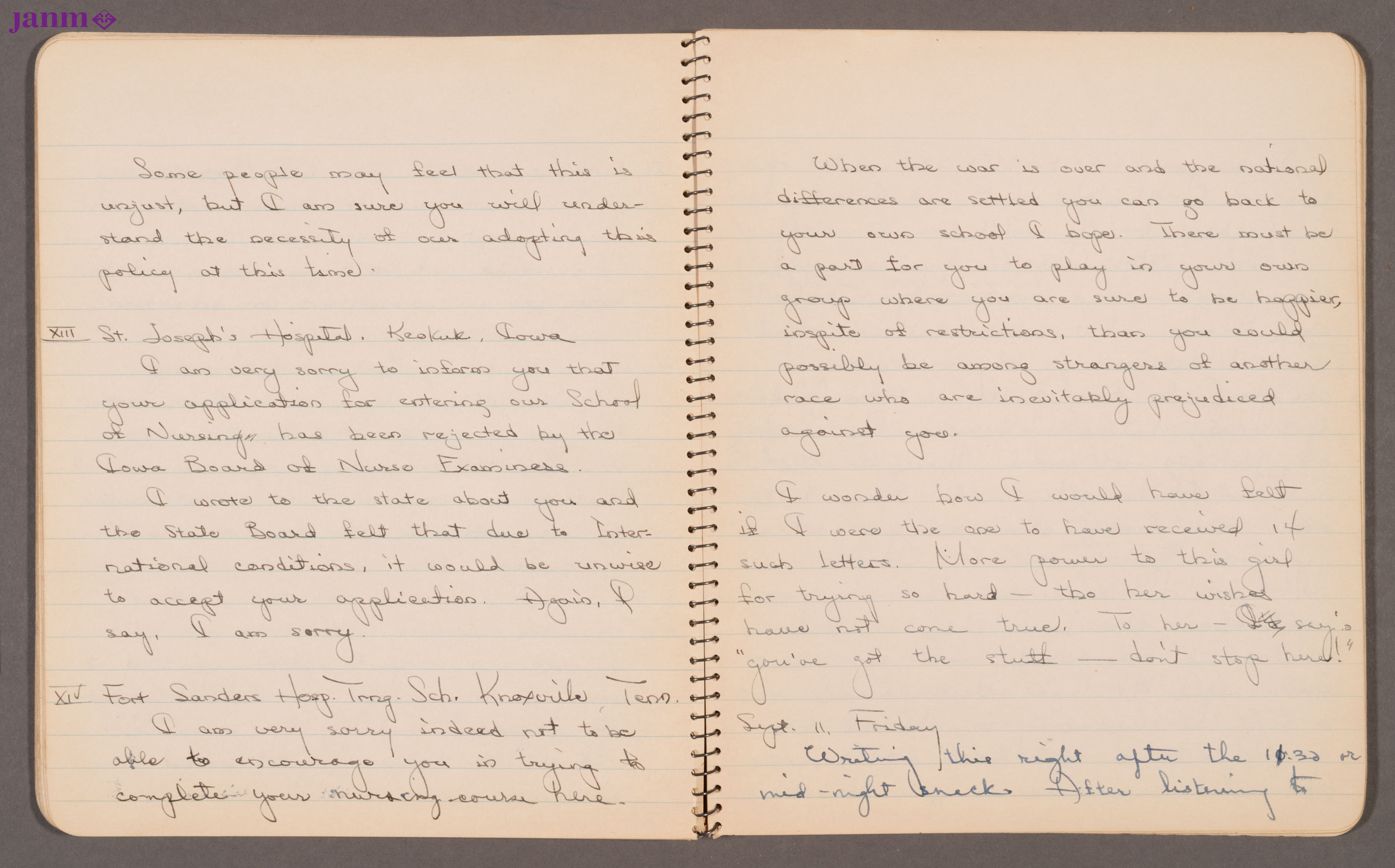 Diary entries on September 8-9, 1942. Diary entries regarding the continuation of detainees being moved to other detention facilities and realization of discrimination against Japanese Americans in employment. Yuri writes of a anonymous Japanese girl trying to go into nursing and receiving letters from hospitals across the United States for employment. She is subject to racial discrimination because of her Japanese descent.