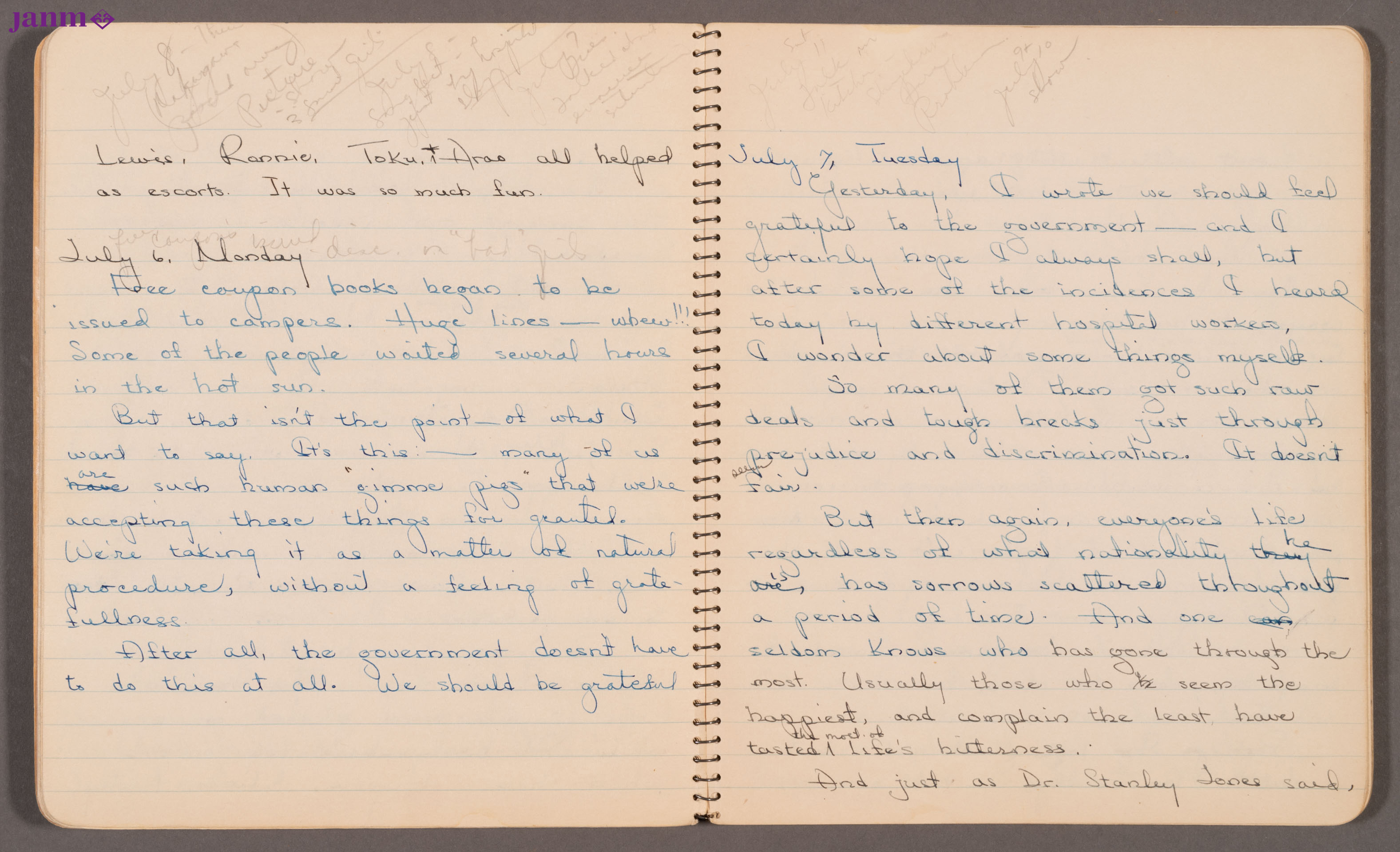 Diary entries on July 12-18, 1942. Diary entries regarding receiving letters from Yuri's friends in San Pedro and hearing news on being moved to another detention facility.